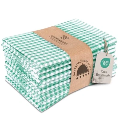 Afbeelding van LAYNENBURG 10 stuks premium theedoeken geruit 100% katoen OEKO TEX Standard 100 50 x 70 cm &amp; haak pluisvrij en modern keukendoeken vintage (groen)