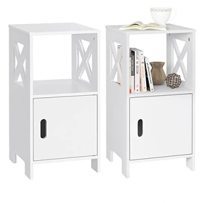 Afbeelding van WOLTU TSR166ws 2 Set van nachtkastjes, smal 30 x 60 cm, nachtkastje met 1 open vak en deur, modern nachtkastje, opbergkast voor slaapkamer MDF, wit,
