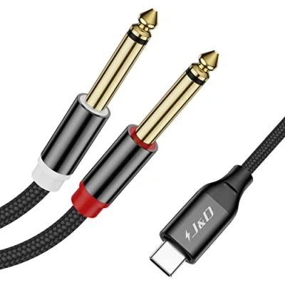 Afbeelding van J&amp;D USB C naar Dual 6,35 mm 1/4 inch stereo Y splitterkabel type TS audiokabel voor iPhone 15 serie, smartphone, tablet, laptop, versterker,