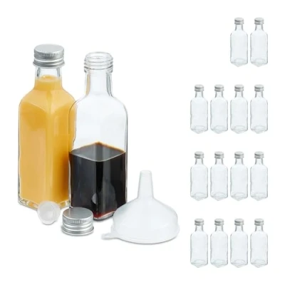 Afbeelding van Relaxdays 16 kleine glazen flessen van 100 ml om te vullen, schroefdop en dop, transparant/zilver