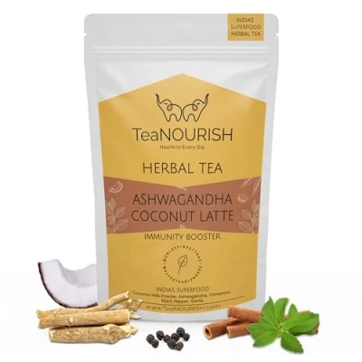 Afbeelding van TeaNOURISH ashwagandha Coconut Latte Koffievrije kruidenthee Indiase superfoods &amp; kokosnoot verlicht stress, ondersteunt de immuniteit 100% natuurlijk 100 g