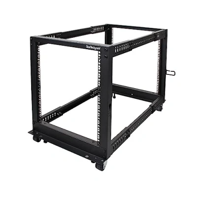 Afbeelding van StarTech.com 12U open frame serverrack met 4 stijlen verstelbare diepte incl. zwenkwielen/stelpoten en kabelhaken