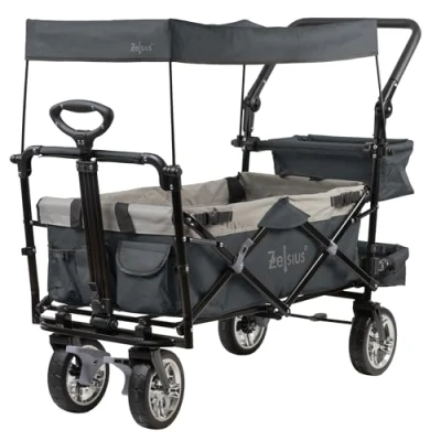Afbeelding van Zelsius Opvouwbare bolderkar met dak, grijs, transportwagen gordelsysteem, strandwagen, gereedschapswagen, tuinwagen luifel,