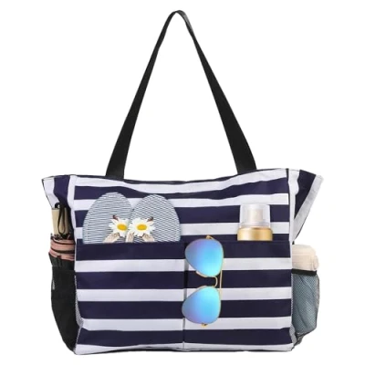 Afbeelding van TAHAVICE strandtassen voor dames, grote waterdichte met ritssluiting, zwembadtas reizen, vakantie, Navy Blauw