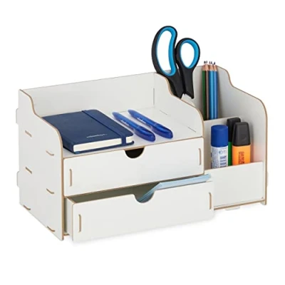 Afbeelding van Relaxdays bureau organizer met lades pennenbak pennenhouder moderne desk wit