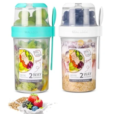 Afbeelding van Mueslibeker om mee te nemen, set van 2 mueslibekers met lepel, yoghurt to go, dubbellaags, lekvrij, voor salade, muesli werk, school, reizen (310 ml