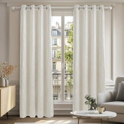 Afbeelding van Deconovo Verduisteringsgordijn, ondoorzichtig, warmte isolerend, 140 x 245 cm, met ringen, bedrukt lijnen en stippen, zilverkleurig, lichtbeige, 2 stuks