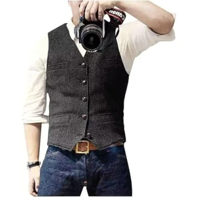 Afbeelding van Solovedress Casual wollen visgraatvest voor heren, V hals, tweed gilet bruiloft, zwart.