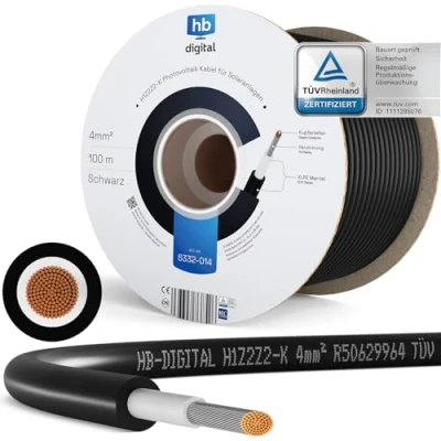 Afbeelding van HB DIGITAL 100 m zonnekabel 4 mm² H1Z2Z2 K TÜV Rheinland gecertificeerd, UV getest, flexibel, zuiver koper, 1500 V, fotovoltaïsche verlengkabel voor zonnepaneel, regelaar, zwart