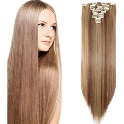 Afbeelding van SEGO Haarextensions, clip, natuurlijk haar, haarverlenging, synthetisch, glad, clips, 8 stuks, niet duur 66 cm, lichtbruin, asblond