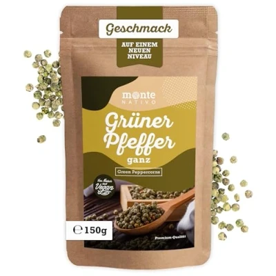 Image de Monte Nativo Grains de poivre vert (150 g), qualité supérieure, épices séchées en douceur, parfaites pour le moulin à