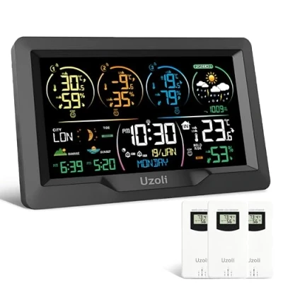 Afbeelding van Uzoli Draadloos weerstation met 3 buitensensoren, radiogestuurde klok, kleurendisplay, weersvoorspelling, thermometer voor binnen en buiten, hygrometer, luchtdruk, op/ondergang