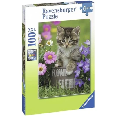 Afbeelding van Ravensburger Kinderpuzzel puzzel 100 stukjes XXL Kitten tussen de bloemen Vanaf 6 jaar Hoogwaardige Dik en duurzaam karton Dieren 10847
