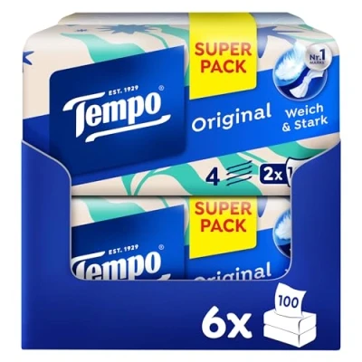 Afbeelding van Tempo 12 dozen met elk 100 zakdoeken per doos extra sterke en zachte papieren zakdoeken, machinewasbaar