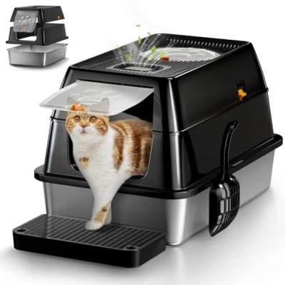 Afbeelding van XXL kattenbakvulling van roestvrij staal, geurloos, met deksel, grote kattenbak gesloten toilet, lekvrij en gemakkelijk te reinigen, zwart