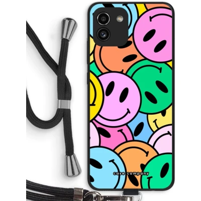 Afbeelding van Case Company® hoesje met Koord geschikt voor Samsung Galaxy A03 Smiley N1 Telefoonhoesje Zwart Bescherming aan alle Kanten en Over de Schermrand