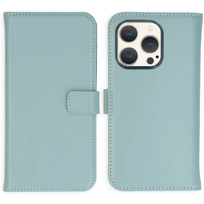 Afbeelding van Selencia Hoesje Geschikt voor iPhone 15 Pro Met Pasjeshouder Echt Lederen Bookcase lichtblauw