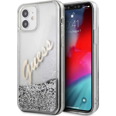 Afbeelding van GUESS Liquid Glitter Vintage Backcase Hoesje iPhone 12 Mini Zilver