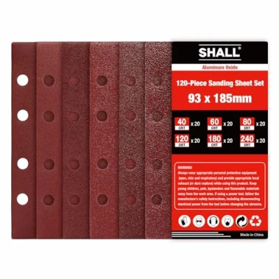 Afbeelding van SHALL 120 stuks rechthoekige schuurbladen, schuurpapier voor schuurmachines 93 x 185 mm, 8 gaten, schuurpads haken en lussen, diverse korrels 40/60/80/120/180/240