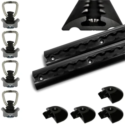 Afbeelding van 2 x 1 m zwarte halfronde vliegtuigrail met 4 sjorogen en eindkappen aluminium sjorrail hoge stabiliteit duurzaamheid voor aanhangers, auto&#039;s, vrachtwagens