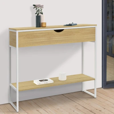 Afbeelding van DETROIT 1 lade console met plank, industrieel ontwerp, hout en wit metaal