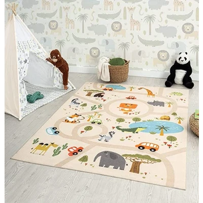 Afbeelding van Vloerkleed kinderkamer Beige 200x290 cm Afwasbaar Antislip Tapijt voor jongens en meisjes met een straat jungledieren Happy Life by the carpet