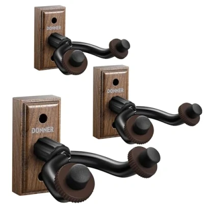Afbeelding van Donner Set van 3 wandhaken walnoot zwart voor snaarinstrumenten, gitaar, bas, folk ukelele, viool, mandoline, banjo, gitaar