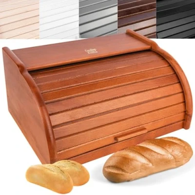 Afbeelding van Creative Home Houten Broodtrommel 40 x 27,5 18,5 cm Natuurlijk Beukenhout met Elzenkleurige Lak Container Roltop Brooddoos voor Elke Keuken Perfect Droogvoer