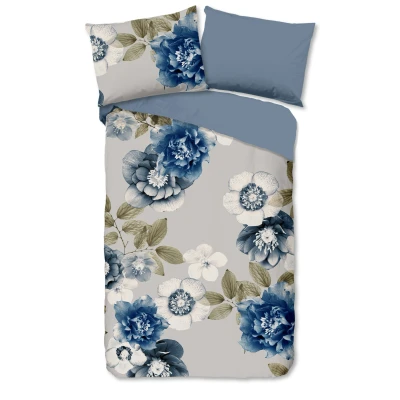 Afbeelding van Flanellen Dekbedovertrek 140x200 cm Blauwe Bloemen en Bladeren Print 1 Persoons 100% Katoen Flanel