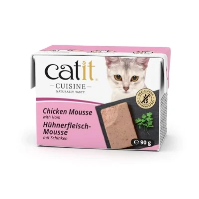 Afbeelding van 12x90g Catit Cuisine Mousse Tonijn met Zalm &amp; kip ham nat kattenvoer