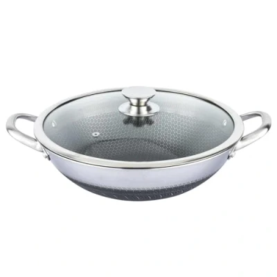 Afbeelding van 4BIG.fun Asia Wok Wokpan van roestvrij staal, anti aanbaklaag, met glazen deksel, geschikt voor inductie, 32 cm