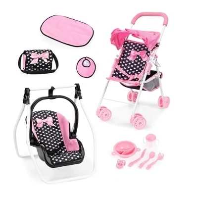 Afbeelding van Opvouwbare poppenbuggy, poppenwagen, dubbele wielen, tas, aankleedkussen, wieg, accessoires