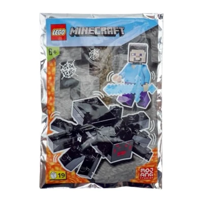 Afbeelding van LEGO Minecraft Steve minifiguur met houweel en spin