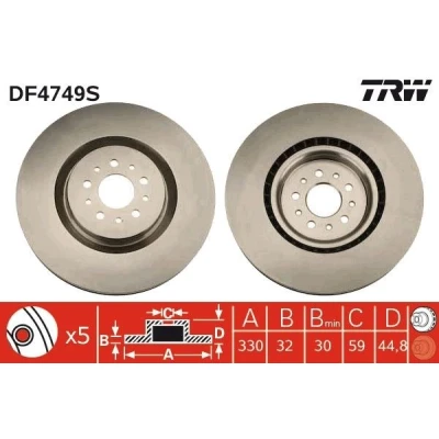 Afbeelding van TRW DF4749S Remschijf 330 32 5 98 Geventileerd Gelakt High carbon ALFA ROMEO: 147, GT, 156 Saloon