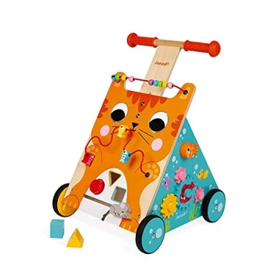 Afbeelding van Janod Multi Activiteiten Houten Loopwagen Kat Met 8 Geschikt Vanaf 1 Jaar