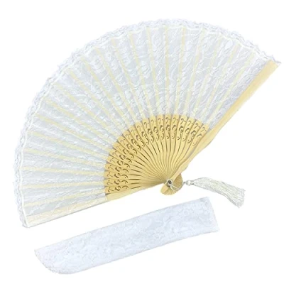 Afbeelding van Eastern Wind Opvouwbare waaier Chinees/Japans/Spaans met bamboe frame, kanten voor vrouwen en meisjes, huwelijkscadeau (zwart blauw wit) 22 cm, wit, Wit.