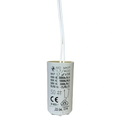 Afbeelding van Condensator 1,7 µF (1,7 MF), draden, Ø 25 mm x 48 mm, gemaakt in Europa