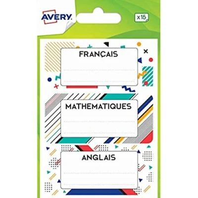 Image de AVERY Sachet de 15 étiquettes matières scolaires design graphique. Format 76 x 34 mm