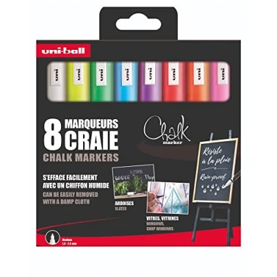 Image de Uni Ball Chalk Marker Mitsubishi Pencil Marqueurs Craie PWE 5M Marquage Éphémère, Résistant à la Pluie Pointe Conique Medium, Emballage Zéro Plastique Lot de 8 Couleurs Assorties