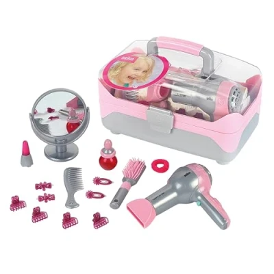 Afbeelding van Klein Toys Braun hairstyling koffer met haardroger haaraccessoires, spiegel, lippenstift en parfum incl. ventilator koude lucht mechanisme roze grijs