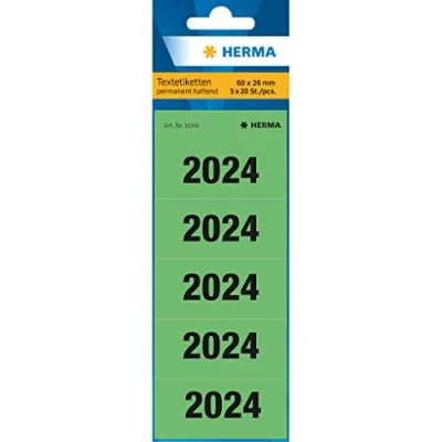 Afbeelding van HERMA Set van 100 jaarlijkse genummerde stickers 2024 voor mappen, 60 x 26 mm, 5 per vel, ondoorzichtige matte tekststickers, groen