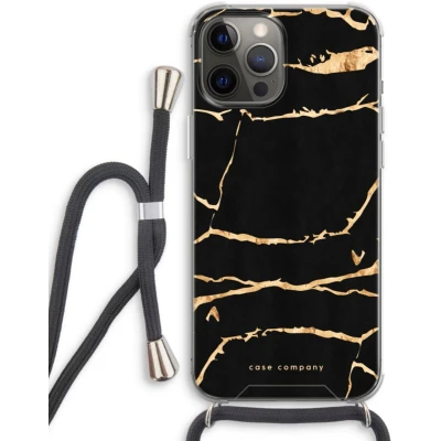 Afbeelding van Case Company® hoesje met Koord geschikt voor iPhone 12 Pro Gouden marmer Telefoonhoesje Zwart Extra Bescherming aan alle Kanten en Over de Schermrand