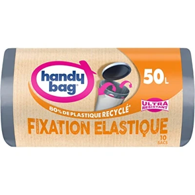 Afbeelding van Handy Bag Vuilniszakken met elastische bevestiging 50L x 10 zakken Houdt de zak op zijn plaats Extra sterk 3 laagse folie Maximale waterdichtheid 100% gerecycled kunststof