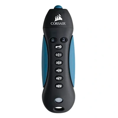 Afbeelding van Corsair Flash Padlock 3, 256 GB veilige USB 3.0 stick met toetsenbord (AES bits encryptie, FIPS 197 veiligheidsnormen, robuuste rubberen behuizing, geïntegreerd pin toetsenbord) zwart/blauw