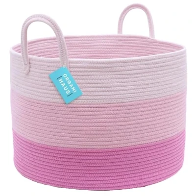 Afbeelding van Gevlochten Wasmand manddekens Groot speelgoedmand mand kinderkamer Opbergmand Large 50x33 Roze