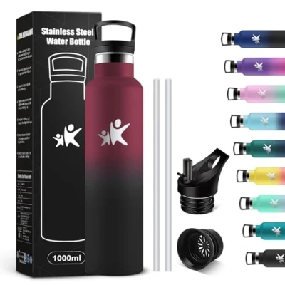 Afbeelding van KollyKolla Roestvrijstalen thermosfles, 1 liter, BPA vrij en lekvrij, thermosfles met rietje, herbruikbaar, voor kantoor, sport, fietsen, werk, fitnessstudio, hardlopen