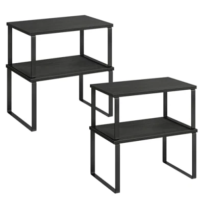 Afbeelding van SONGMICS KCS02B01 kruidenrek, 2 stuks, kastorganizer, uittrekbaar, stapelbaar, metaal, hout, inktzwart en houtzwart