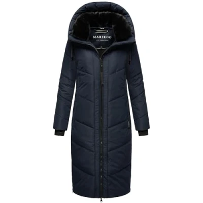 Afbeelding van MARIKOO Nadaree Winterjas, warm, gewatteerd, lang, met capuchon en afneembare kraag van kunstbont, XVI XS XXL, Navy Blauw