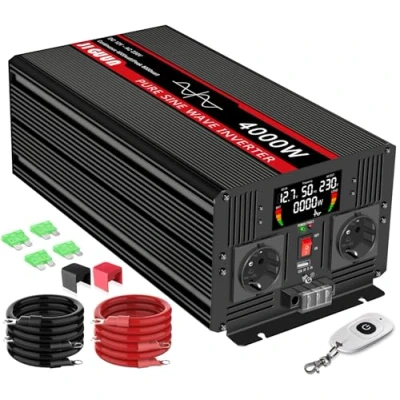 Afbeelding van JIGUUN 4000 W omvormer, zuivere sinus, 12 V, 220 piekvermogen, 8000 W, met draadloze afstandsbediening, lcd display, 2 EU stopcontacten, 1 USB poort voor auto, camping, reizen,