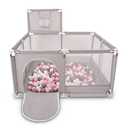 Afbeelding van Selonis kinderbox met mand en 200 ballen, grijs:wit/grijs/poederoze